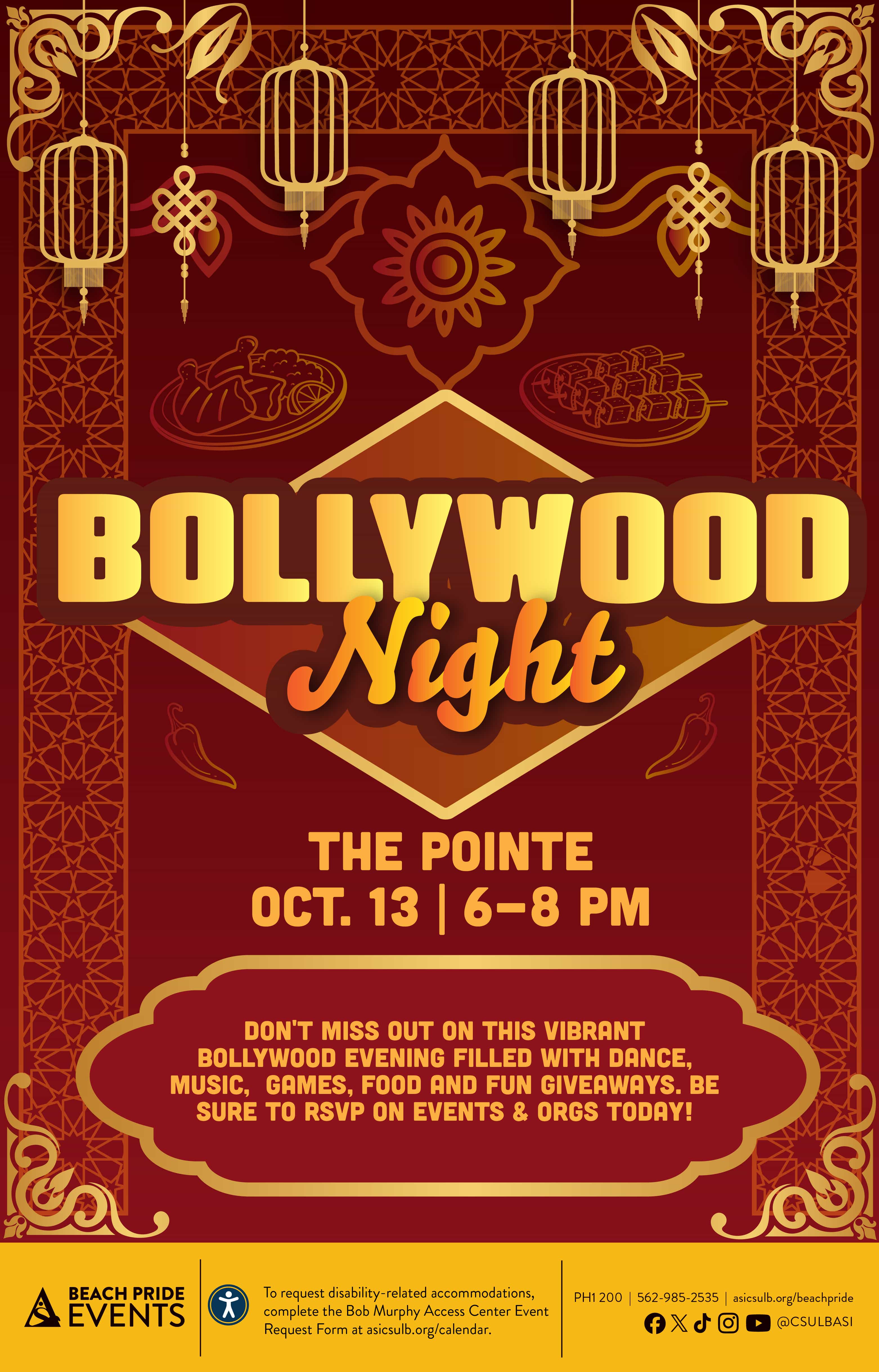 Bollywood Night
        April 15 
        6 to 8 p.m.
        USU Ballrooms