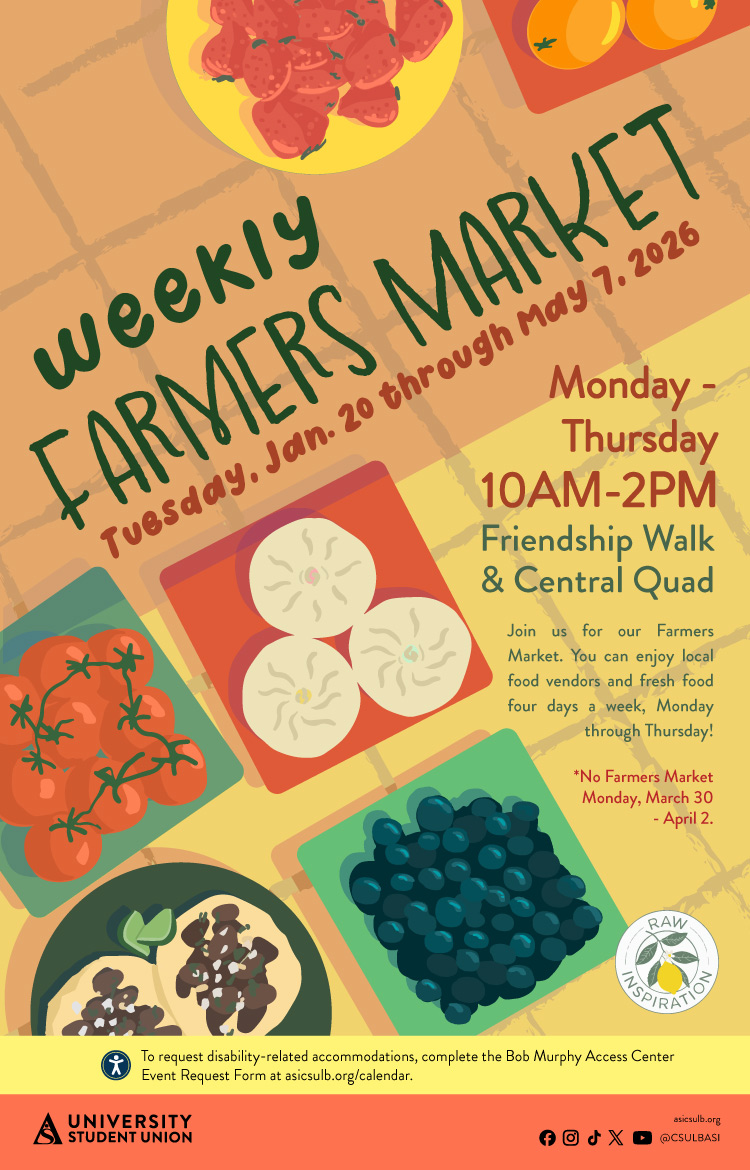 Farmers Market
Jan. 20 - May 7
Friendship Walk & Central Quad
10 AM - 2 PM